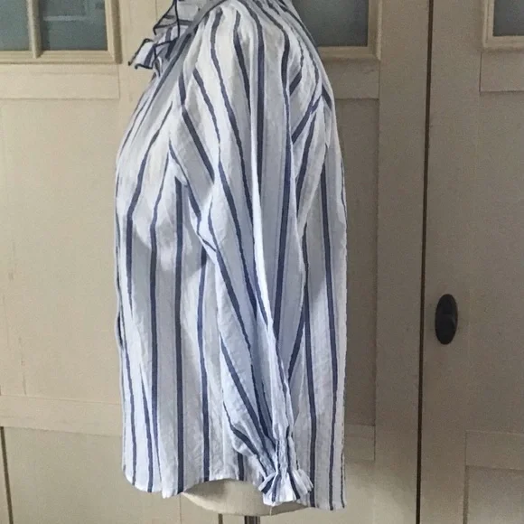 Finley Fiona Ruffle High Neck Blouse Blue/White Striped XS 100% Cotton - Picture 4 of 10